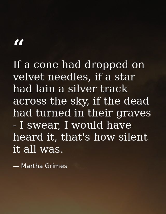 If a cone had dropped on velvet needles, if a star had lain a silver track across the sky, if the dead had turned in the — Martha Grimes