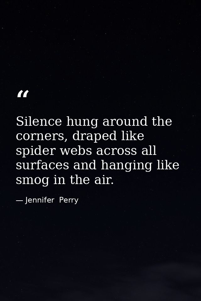 Silence hung around the corners, draped like spider webs across all surfaces and hanging like smog in the air. — Jennifer  Perry