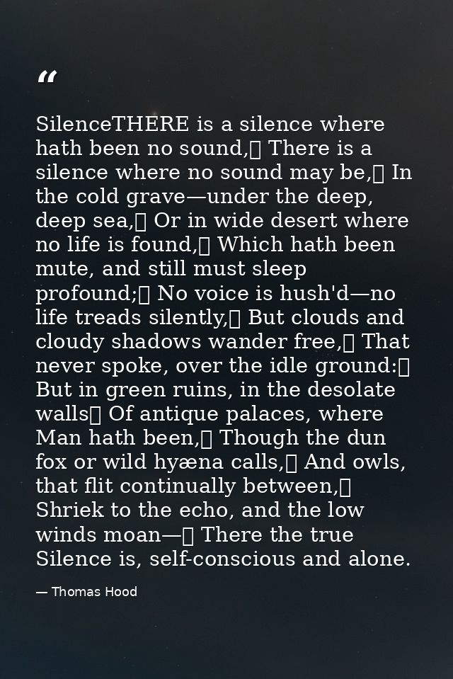 SilenceTHERE is a silence where hath been no sound,	 There is a silence where no sound may be,	 In the cold grave—under  — Thomas Hood