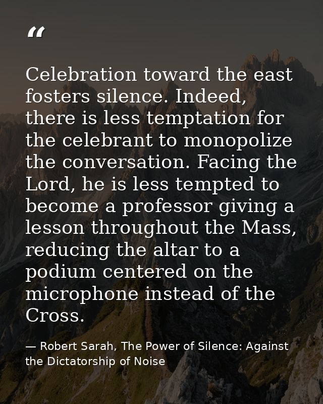 Celebration toward the east fosters silence. Indeed, there is less temptation for the celebrant to monopolize the conver — Robert Sarah, The Power of Silence: Against the Dictatorship of Noise
