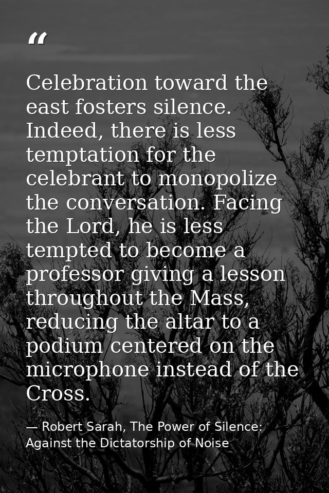 Celebration toward the east fosters silence. Indeed, there is less temptation for the celebrant to monopolize the conver — Robert Sarah, The Power of Silence: Against the Dictatorship of Noise