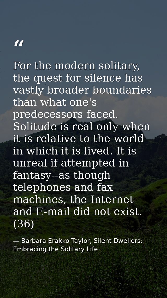 For the modern solitary, the quest for silence has vastly broader boundaries than what one's predecessors faced. Solitud — Barbara Erakko Taylor, Silent Dwellers: Embracing the Solitary Life