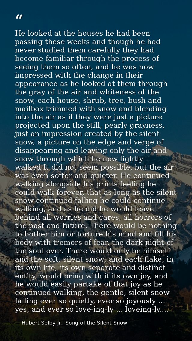 He looked at the houses he had been passing these weeks and though he had never studied them carefully they had become f — Hubert Selby Jr., Song of the Silent Snow