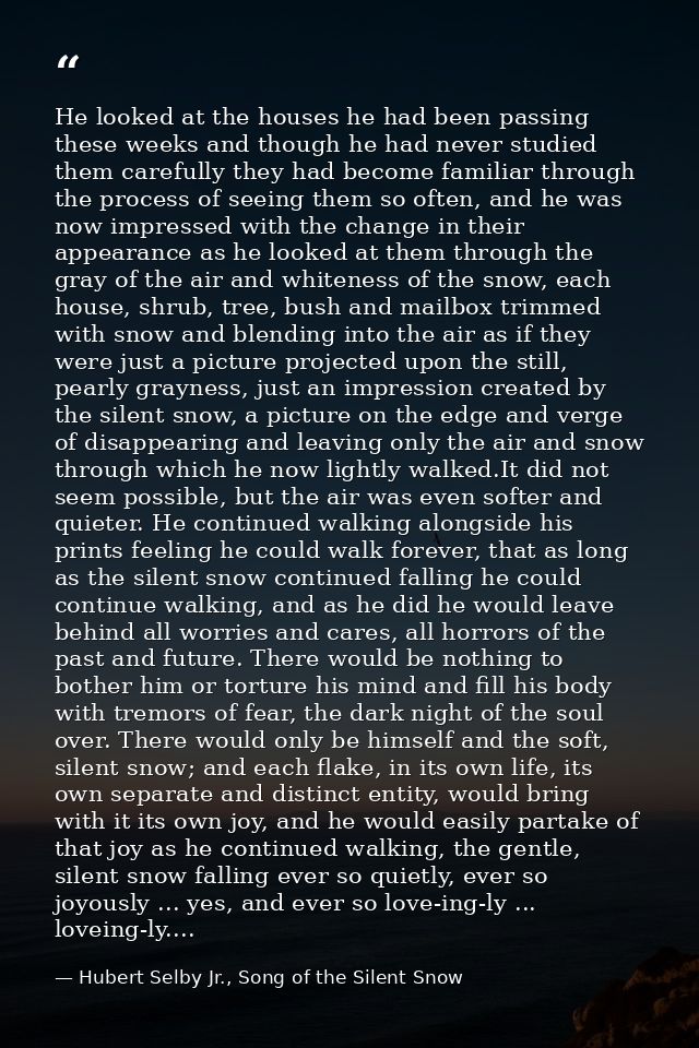 He looked at the houses he had been passing these weeks and though he had never studied them carefully they had become f — Hubert Selby Jr., Song of the Silent Snow
