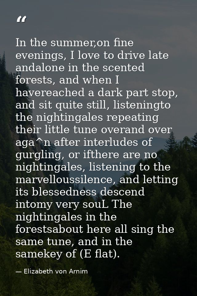 In the summer,on fine evenings, I love to drive late andalone in the scented forests, and when I havereached a dark part — Elizabeth von Arnim