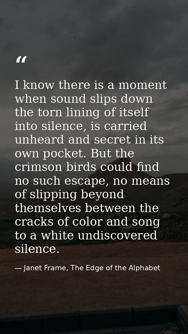 I know there is a moment when sound slips down the torn lining of itself into silence, is carried unheard and secret in  — Janet Frame, The Edge of the Alphabet