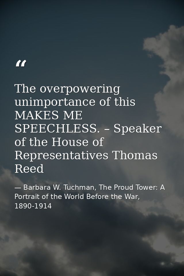 The overpowering unimportance of this MAKES ME SPEECHLESS. – Speaker of the House of Representatives Thomas Reed — Barbara W. Tuchman, The Proud Tower: A Portrait of the World Before the War, 1890-1914