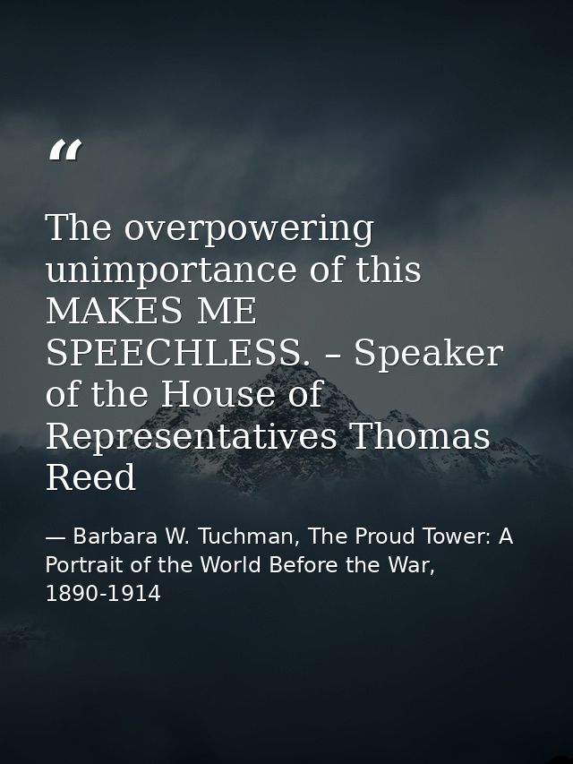 The overpowering unimportance of this MAKES ME SPEECHLESS. – Speaker of the House of Representatives Thomas Reed — Barbara W. Tuchman, The Proud Tower: A Portrait of the World Before the War, 1890-1914