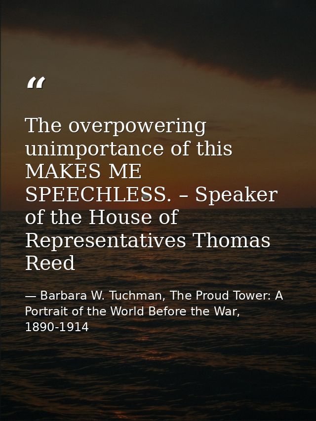 The overpowering unimportance of this MAKES ME SPEECHLESS. – Speaker of the House of Representatives Thomas Reed — Barbara W. Tuchman, The Proud Tower: A Portrait of the World Before the War, 1890-1914