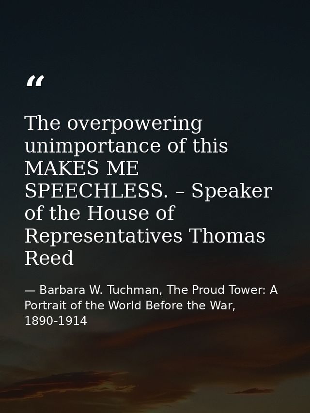 The overpowering unimportance of this MAKES ME SPEECHLESS. – Speaker of the House of Representatives Thomas Reed — Barbara W. Tuchman, The Proud Tower: A Portrait of the World Before the War, 1890-1914