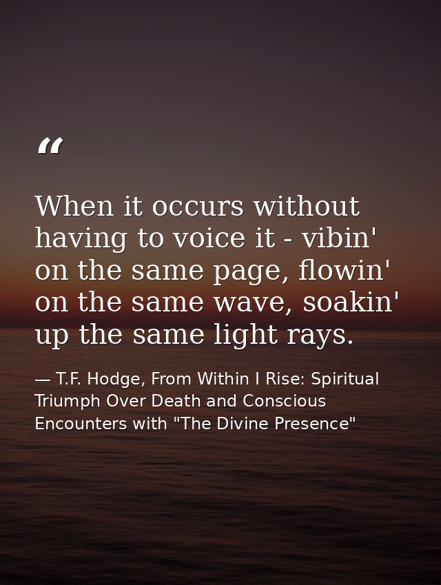 When it occurs without having to voice it - vibin' on the same page, flowin' on the same wave, soakin' up the same light — T.F. Hodge, From Within I Rise: Spiritual Triumph Over Death and Conscious Encounters with "The Divine Presence"