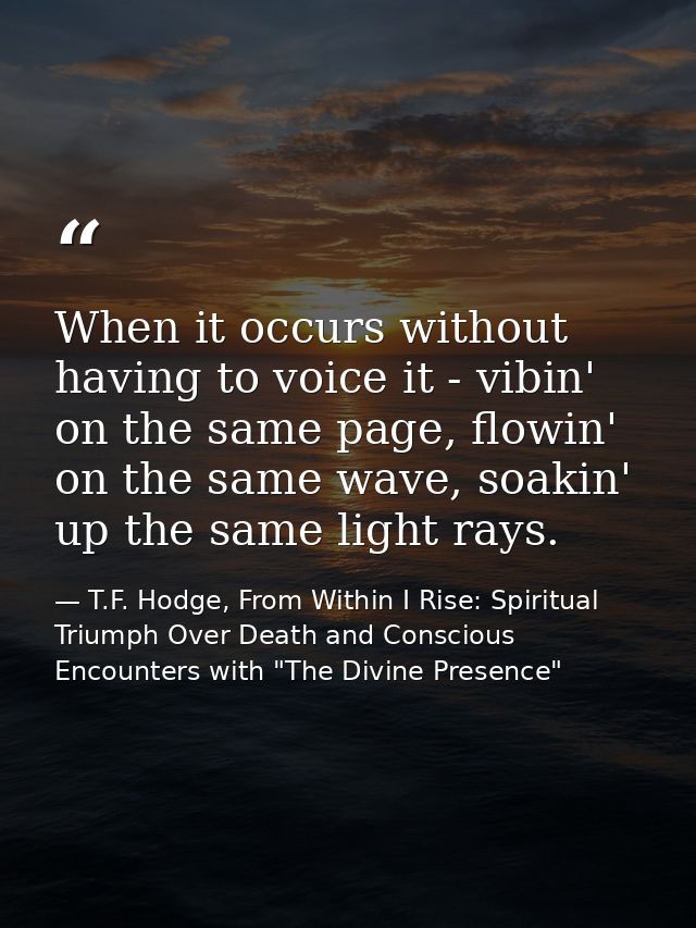 When it occurs without having to voice it - vibin' on the same page, flowin' on the same wave, soakin' up the same light — T.F. Hodge, From Within I Rise: Spiritual Triumph Over Death and Conscious Encounters with "The Divine Presence"