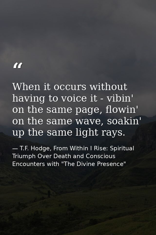 When it occurs without having to voice it - vibin' on the same page, flowin' on the same wave, soakin' up the same light — T.F. Hodge, From Within I Rise: Spiritual Triumph Over Death and Conscious Encounters with "The Divine Presence"