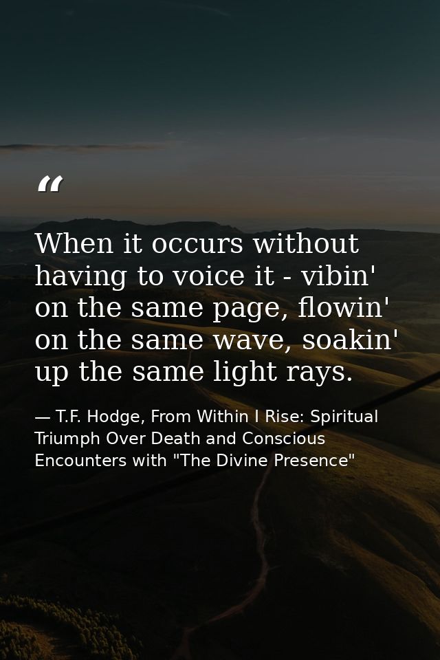 When it occurs without having to voice it - vibin' on the same page, flowin' on the same wave, soakin' up the same light — T.F. Hodge, From Within I Rise: Spiritual Triumph Over Death and Conscious Encounters with "The Divine Presence"