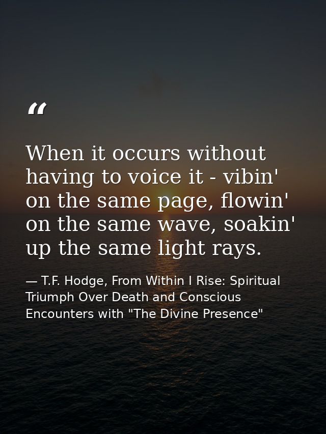 When it occurs without having to voice it - vibin' on the same page, flowin' on the same wave, soakin' up the same light — T.F. Hodge, From Within I Rise: Spiritual Triumph Over Death and Conscious Encounters with "The Divine Presence"
