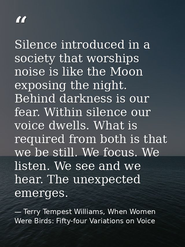 Silence introduced in a society that worships noise is like the Moon exposing the night. Behind darkness is our fear. Wi — Terry Tempest Williams, When Women Were Birds: Fifty-four Variations on Voice