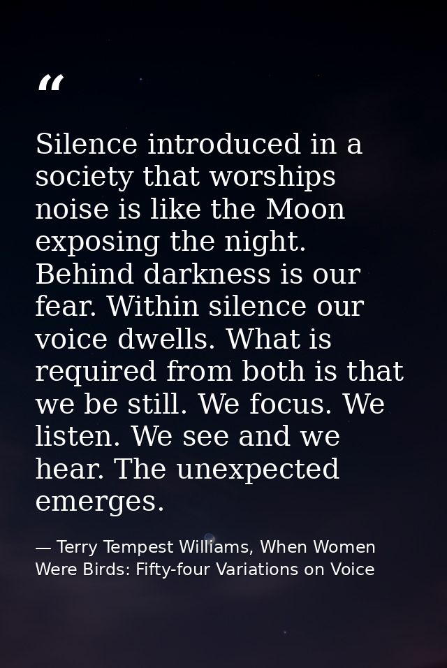 Silence introduced in a society that worships noise is like the Moon exposing the night. Behind darkness is our fear. Wi — Terry Tempest Williams, When Women Were Birds: Fifty-four Variations on Voice