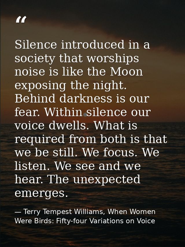 Silence introduced in a society that worships noise is like the Moon exposing the night. Behind darkness is our fear. Wi — Terry Tempest Williams, When Women Were Birds: Fifty-four Variations on Voice