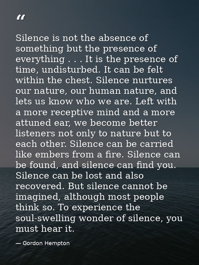 Silence is not the absence of something but the presence of everything . . . It is the presence of time, undisturbed. It — Gordon Hempton