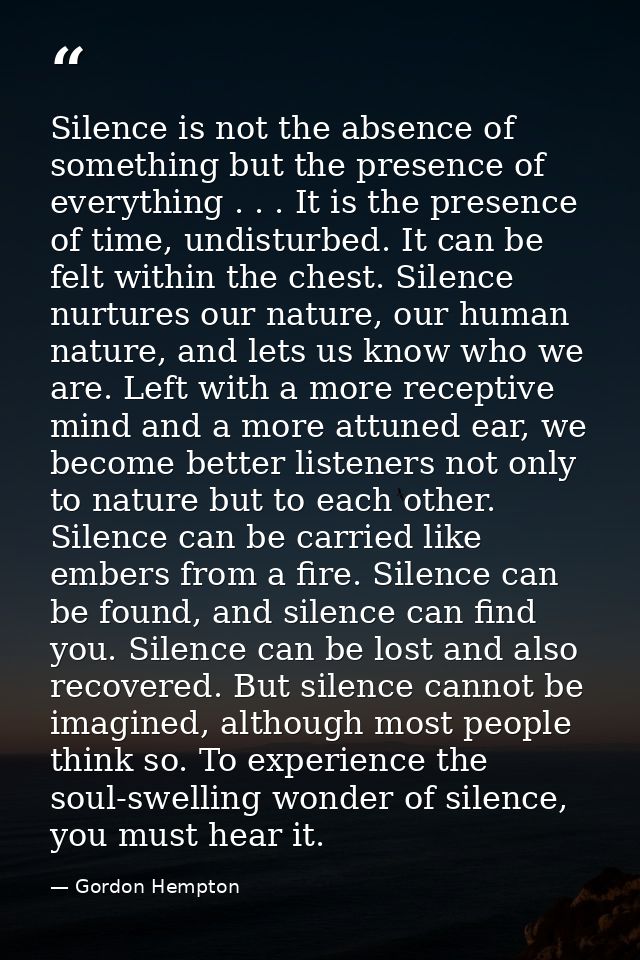 Silence is not the absence of something but the presence of everything . . . It is the presence of time, undisturbed. It — Gordon Hempton