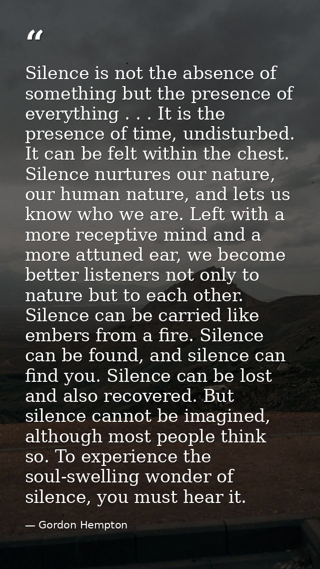 Silence is not the absence of something but the presence of everything . . . It is the presence of time, undisturbed. It — Gordon Hempton