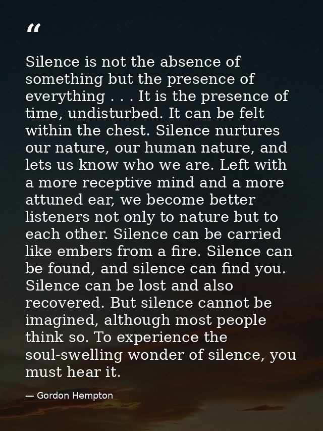 Silence is not the absence of something but the presence of everything . . . It is the presence of time, undisturbed. It — Gordon Hempton
