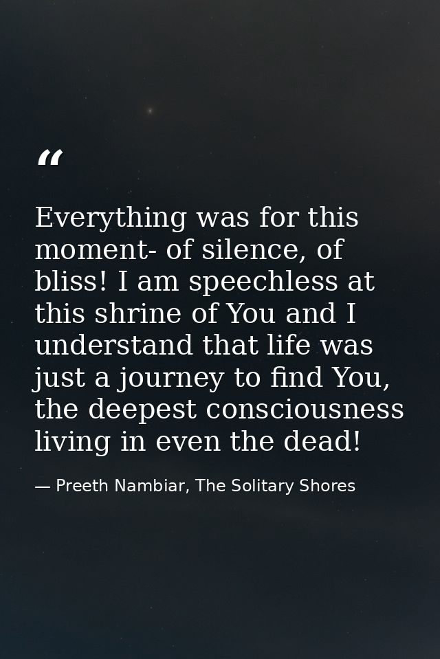 Everything was for this moment- of silence, of bliss! I am speechless at this shrine of You and I understand that life w — Preeth Nambiar, The Solitary Shores