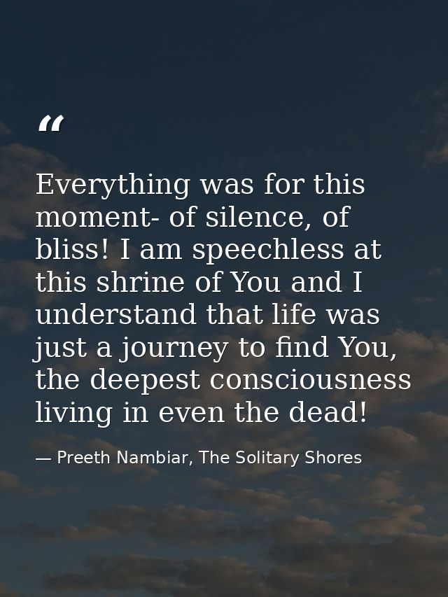 Everything was for this moment- of silence, of bliss! I am speechless at this shrine of You and I understand that life w — Preeth Nambiar, The Solitary Shores