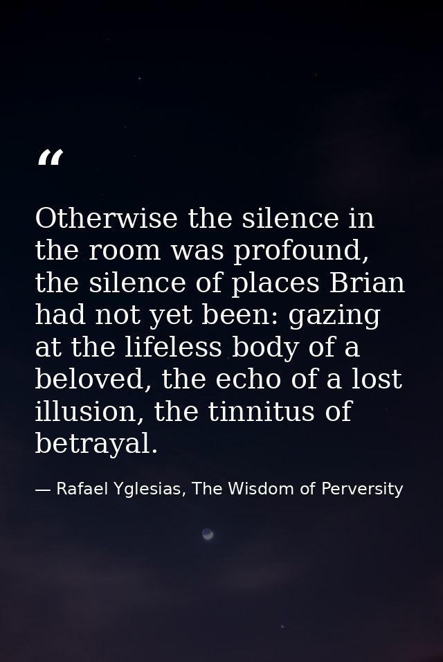 Otherwise the silence in the room was profound, the silence of places Brian had not yet been: gazing at the lifeless bod — Rafael Yglesias, The Wisdom of Perversity