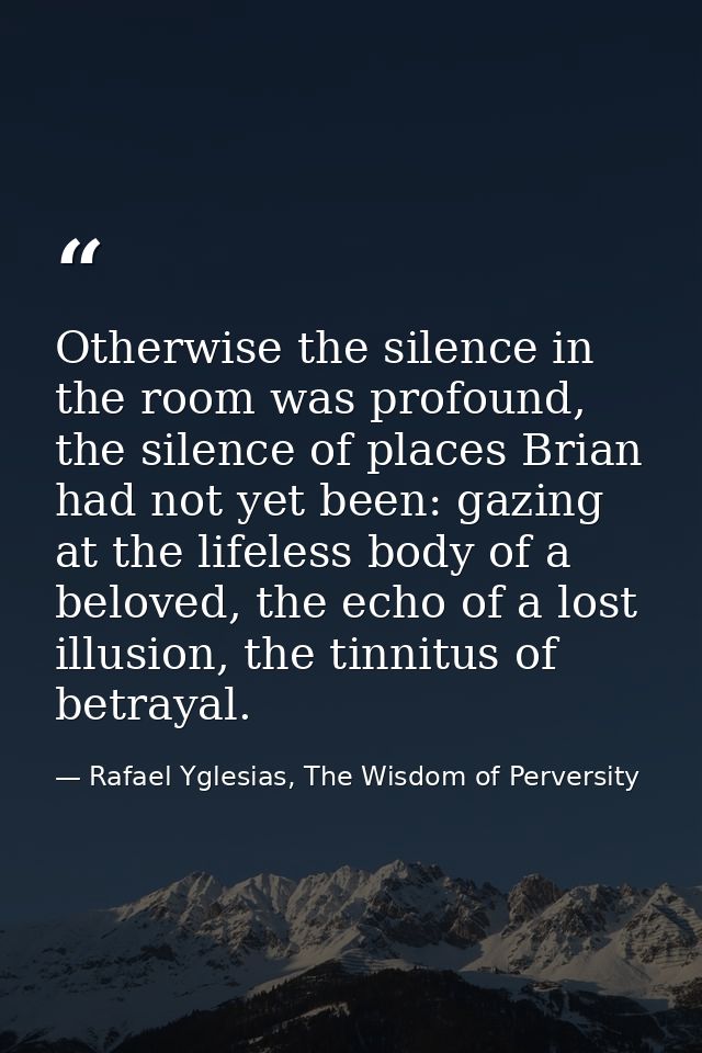 Otherwise the silence in the room was profound, the silence of places Brian had not yet been: gazing at the lifeless bod — Rafael Yglesias, The Wisdom of Perversity