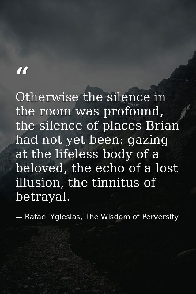 Otherwise the silence in the room was profound, the silence of places Brian had not yet been: gazing at the lifeless bod — Rafael Yglesias, The Wisdom of Perversity