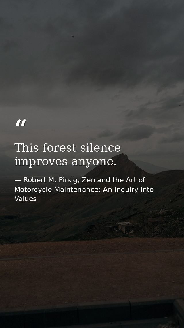 This forest silence improves anyone. — Robert M. Pirsig, Zen and the Art of Motorcycle Maintenance: An Inquiry Into Values