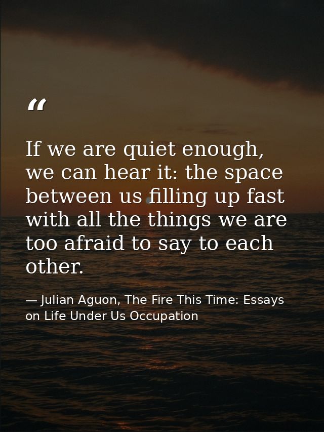 If we are quiet enough, we can hear it: the space between us filling up fast with all the things we are too afraid to sa — Julian Aguon, The Fire This Time: Essays on Life Under Us Occupation