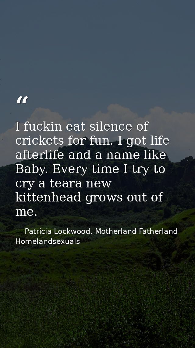 I fuckin eat silence of crickets for fun. I got life afterlife and a name like Baby. Every time I try to cry a teara new — Patricia Lockwood, Motherland Fatherland Homelandsexuals