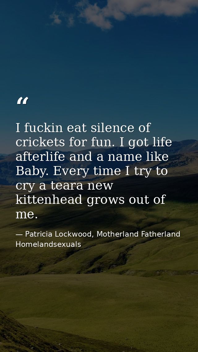 I fuckin eat silence of crickets for fun. I got life afterlife and a name like Baby. Every time I try to cry a teara new — Patricia Lockwood, Motherland Fatherland Homelandsexuals
