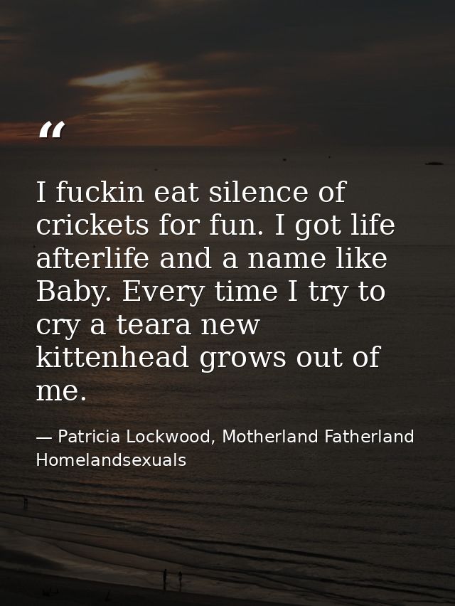 I fuckin eat silence of crickets for fun. I got life afterlife and a name like Baby. Every time I try to cry a teara new — Patricia Lockwood, Motherland Fatherland Homelandsexuals