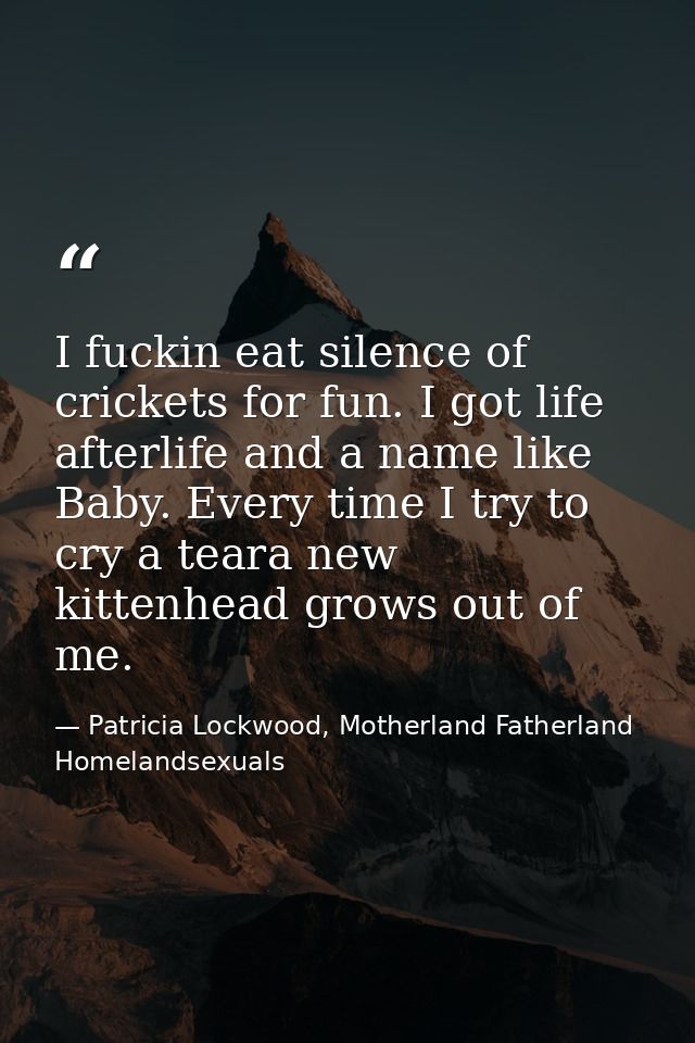 I fuckin eat silence of crickets for fun. I got life afterlife and a name like Baby. Every time I try to cry a teara new — Patricia Lockwood, Motherland Fatherland Homelandsexuals