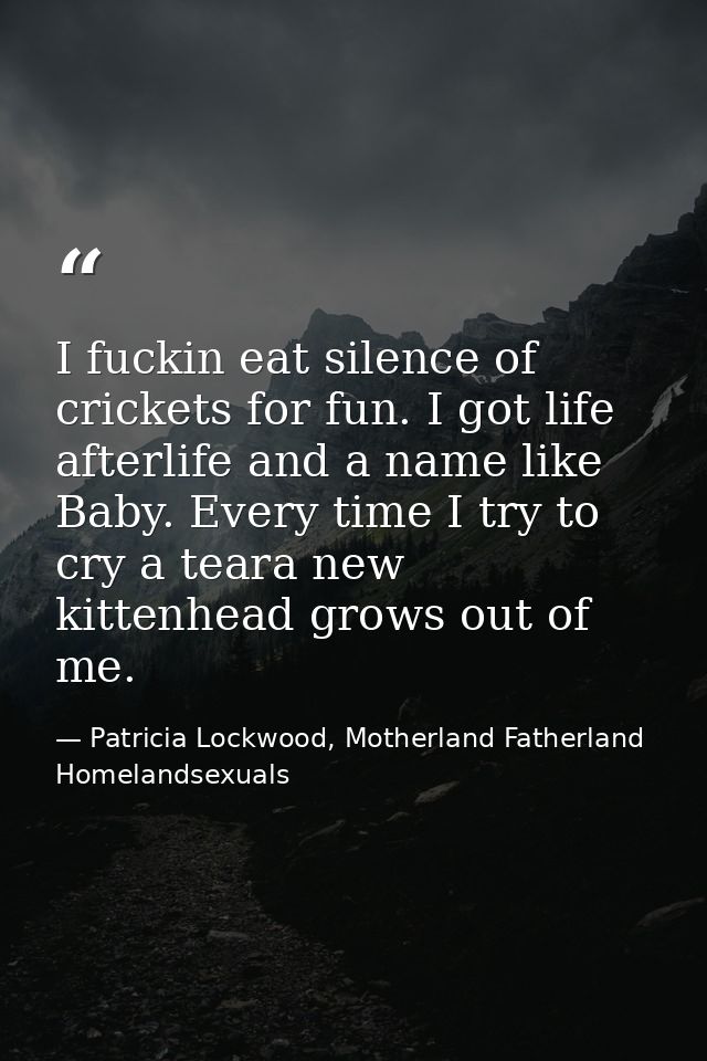 I fuckin eat silence of crickets for fun. I got life afterlife and a name like Baby. Every time I try to cry a teara new — Patricia Lockwood, Motherland Fatherland Homelandsexuals