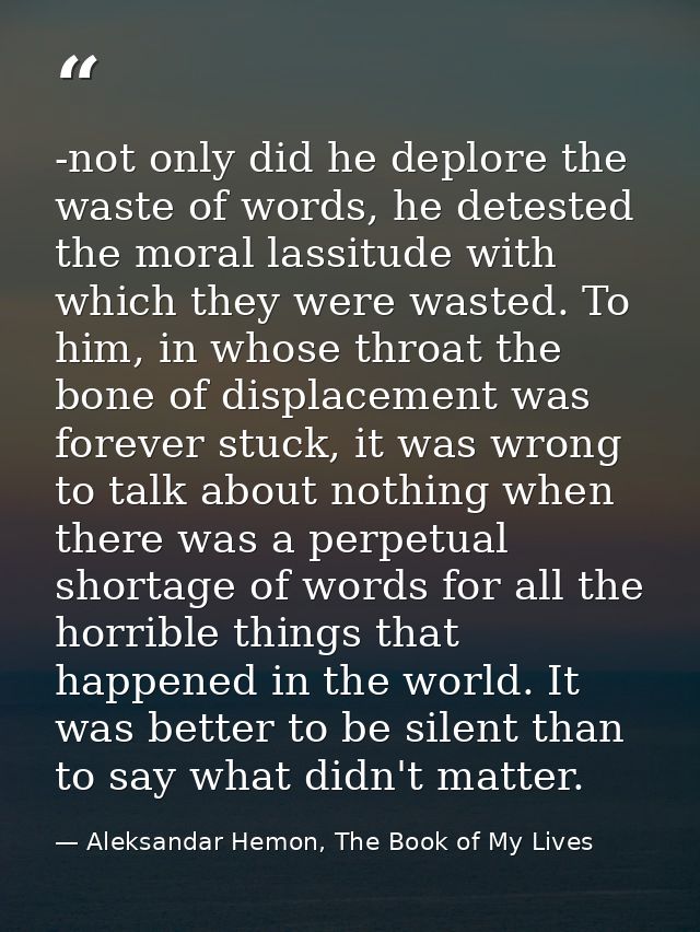 -not only did he deplore the waste of words, he detested the moral lassitude with which they were wasted. To him, in who — Aleksandar Hemon, The Book of My Lives