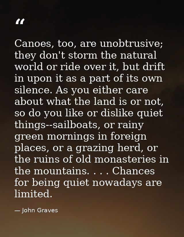 Canoes, too, are unobtrusive; they don't storm the natural world or ride over it, but drift in upon it as a part of its  — John Graves