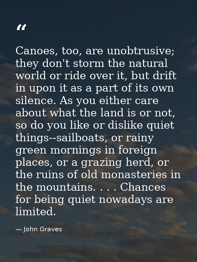 Canoes, too, are unobtrusive; they don't storm the natural world or ride over it, but drift in upon it as a part of its  — John Graves
