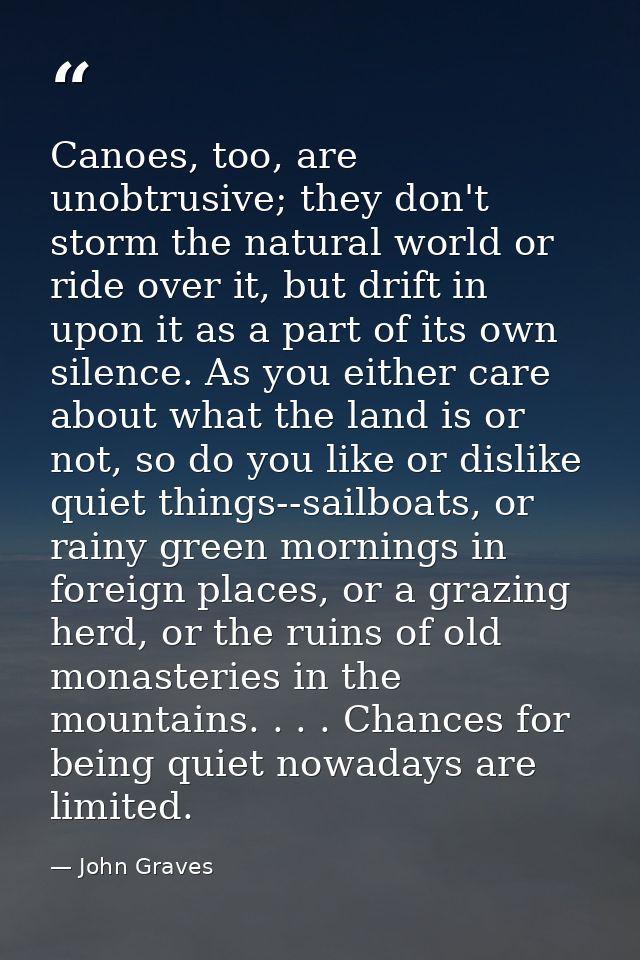 Canoes, too, are unobtrusive; they don't storm the natural world or ride over it, but drift in upon it as a part of its  — John Graves