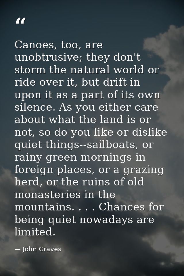 Canoes, too, are unobtrusive; they don't storm the natural world or ride over it, but drift in upon it as a part of its  — John Graves