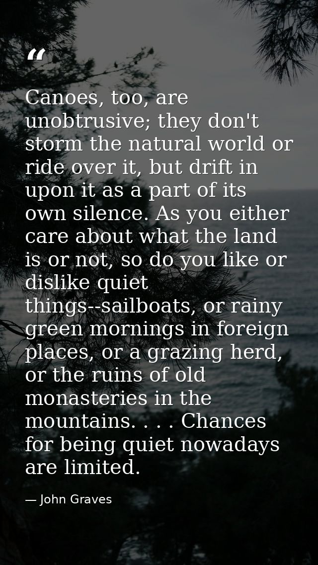 Canoes, too, are unobtrusive; they don't storm the natural world or ride over it, but drift in upon it as a part of its  — John Graves