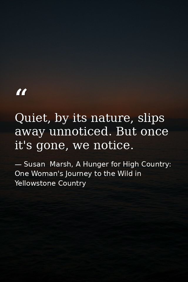 Quiet, by its nature, slips away unnoticed. But once it's gone, we notice. — Susan  Marsh, A Hunger for High Country: One Woman's Journey to the Wild in Yellowstone Country