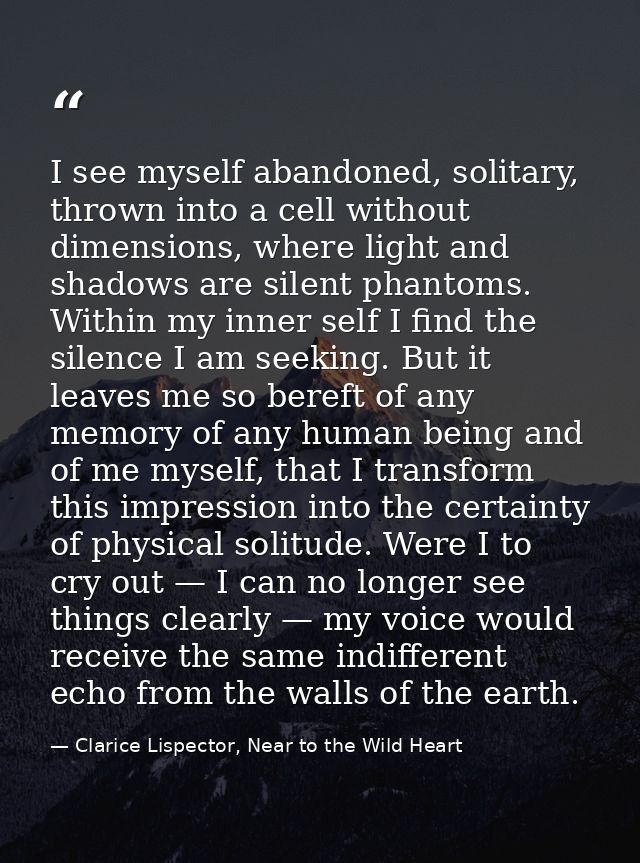 I see myself abandoned, solitary, thrown into a cell without dimensions, where light and shadows are silent phantoms. Wi — Clarice Lispector, Near to the Wild Heart