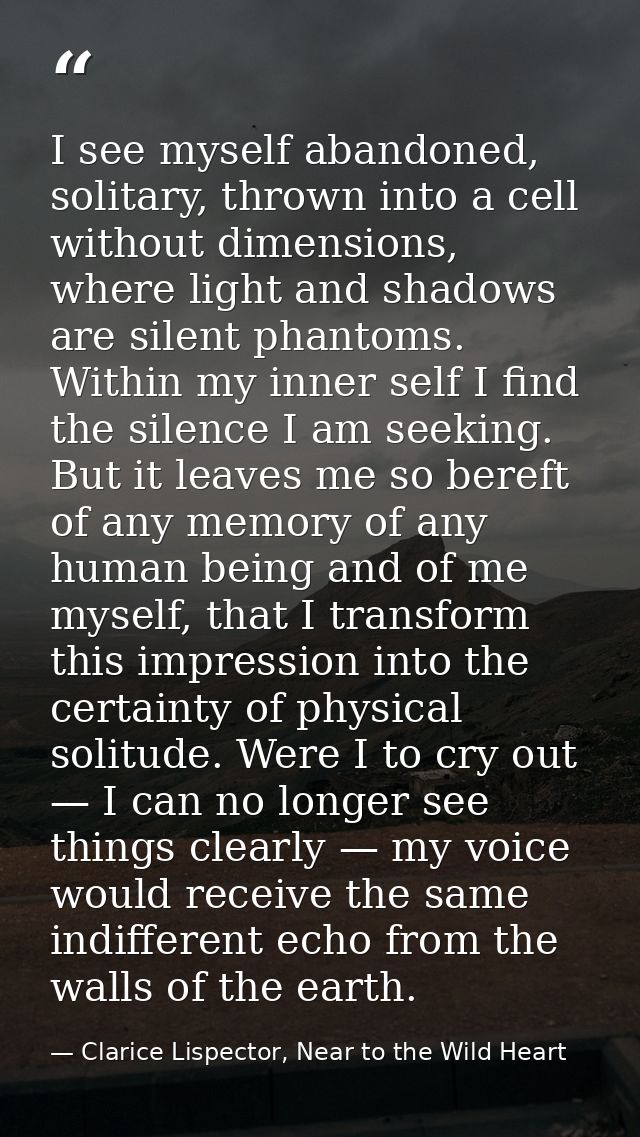 I see myself abandoned, solitary, thrown into a cell without dimensions, where light and shadows are silent phantoms. Wi — Clarice Lispector, Near to the Wild Heart