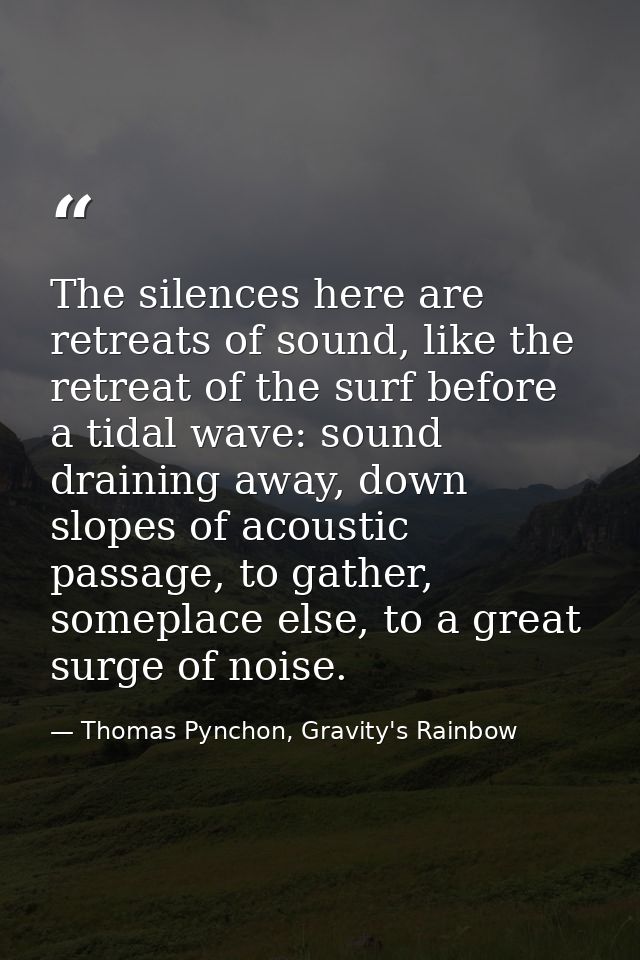 The silences here are retreats of sound, like the retreat of the surf before a tidal wave: sound draining away, down slo — Thomas Pynchon, Gravity's Rainbow