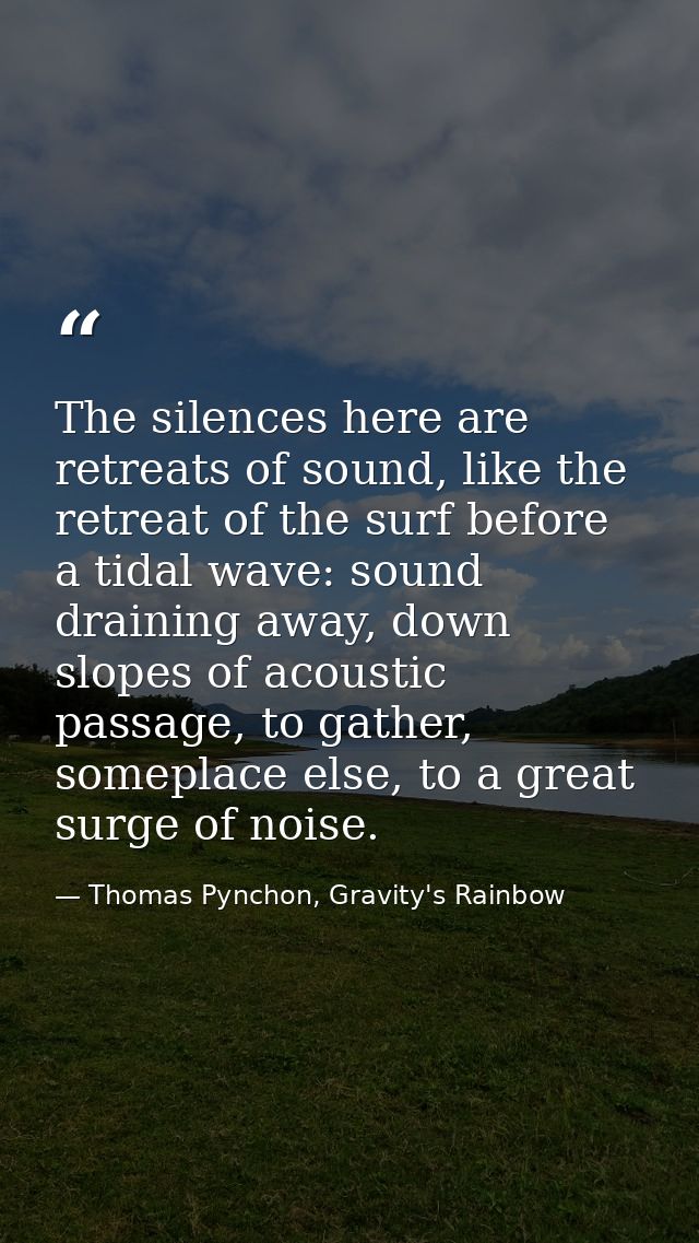 The silences here are retreats of sound, like the retreat of the surf before a tidal wave: sound draining away, down slo — Thomas Pynchon, Gravity's Rainbow