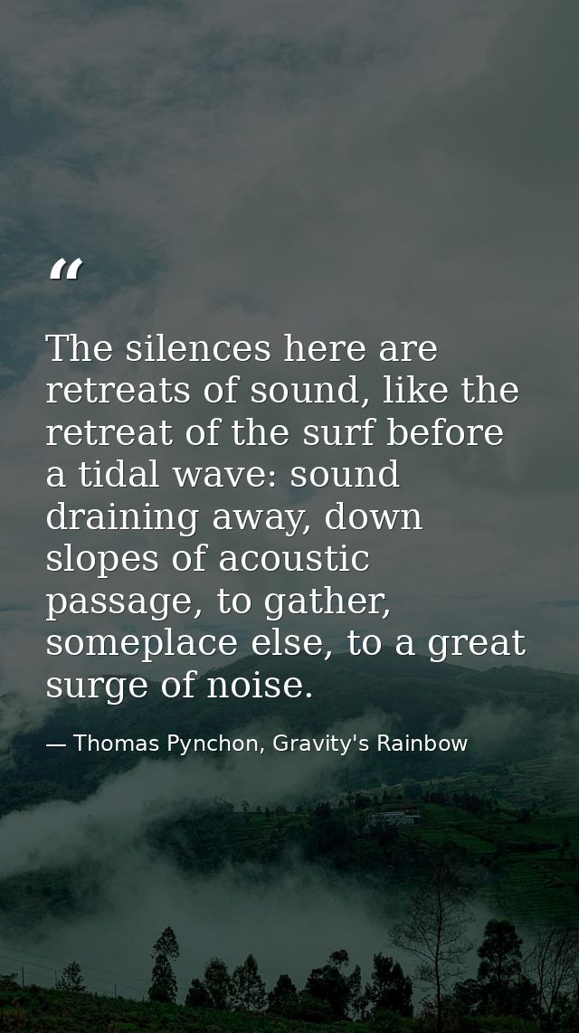 The silences here are retreats of sound, like the retreat of the surf before a tidal wave: sound draining away, down slo — Thomas Pynchon, Gravity's Rainbow